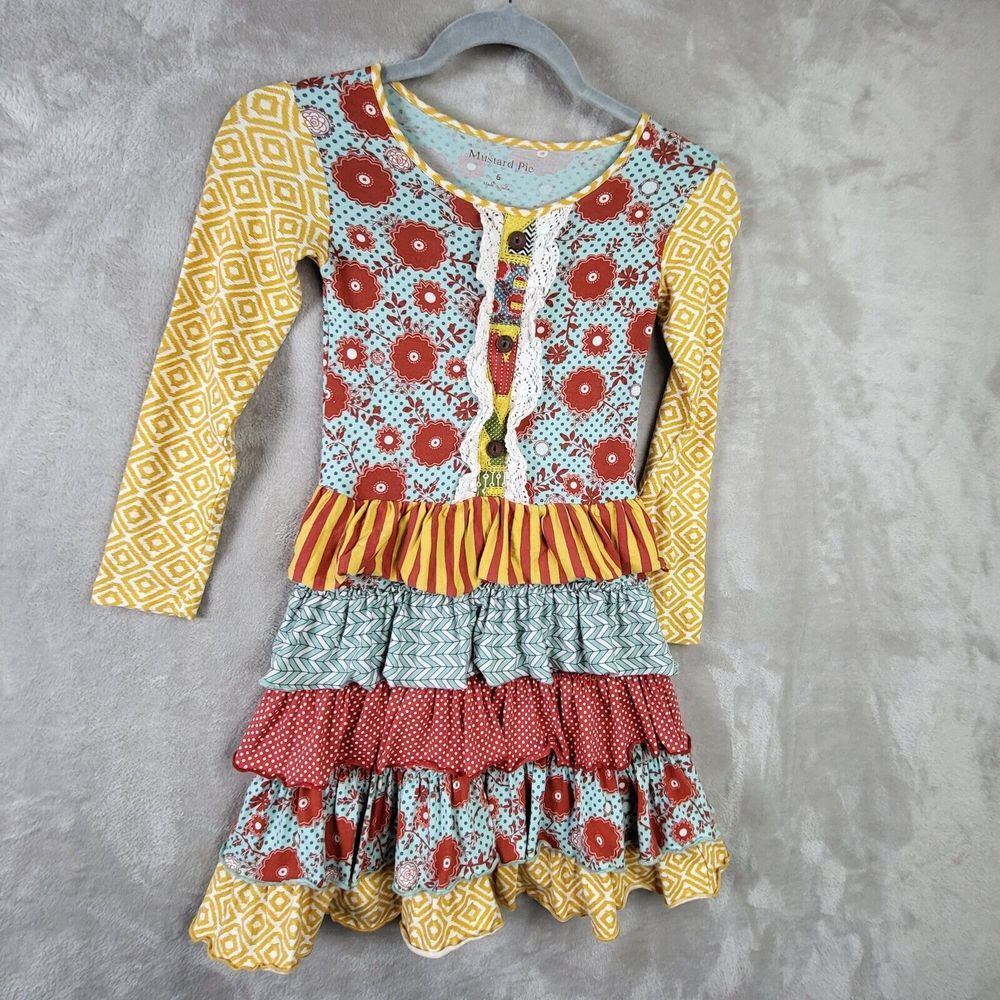 Mustard Pie Girl Tiered Dress Blue Yellow 6 Long Sleeve Cotton Spandex Stretch